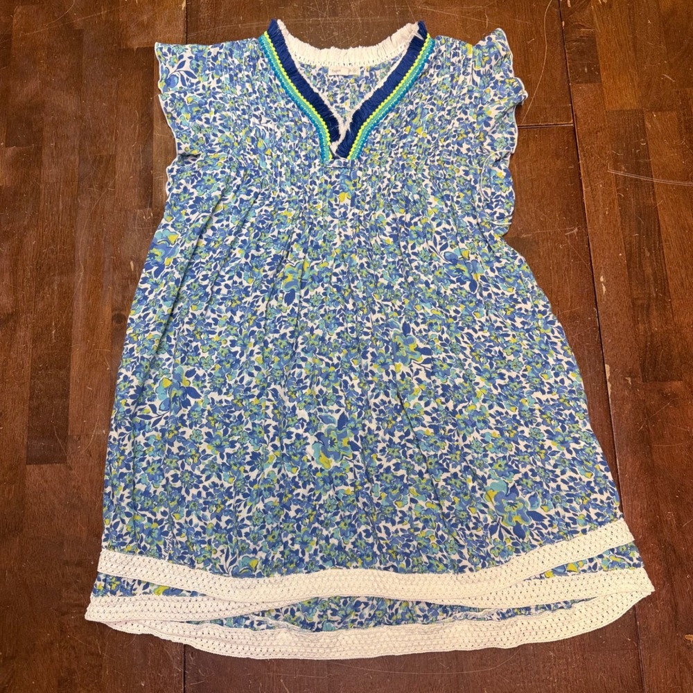 Poupette St Barth Floral Mini Dress Women 10 Blue Smocked Crochet Fringe Boho